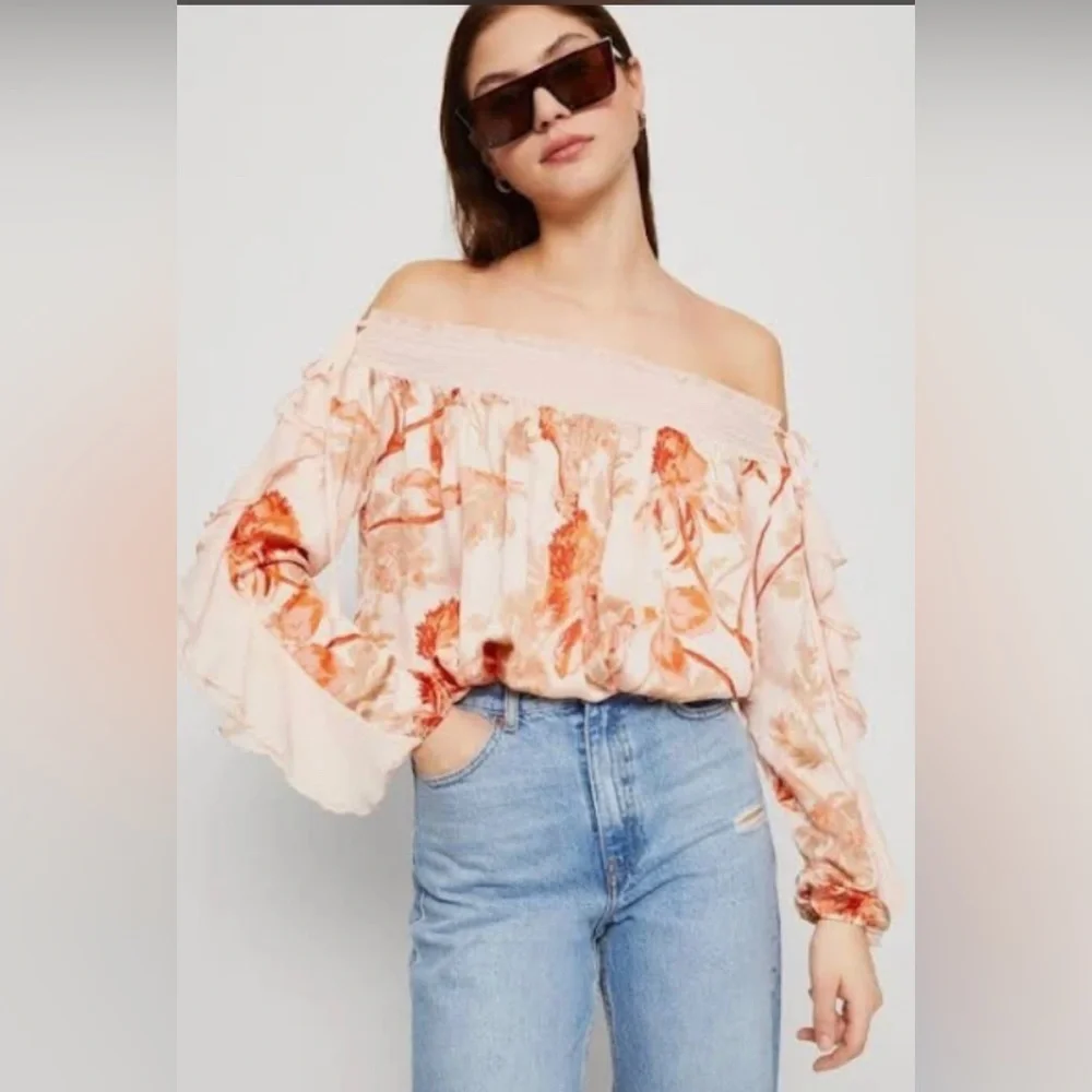 Free People Boho Satin Bodysuit Off The Shoulder Floral Peach Cream XL NWT